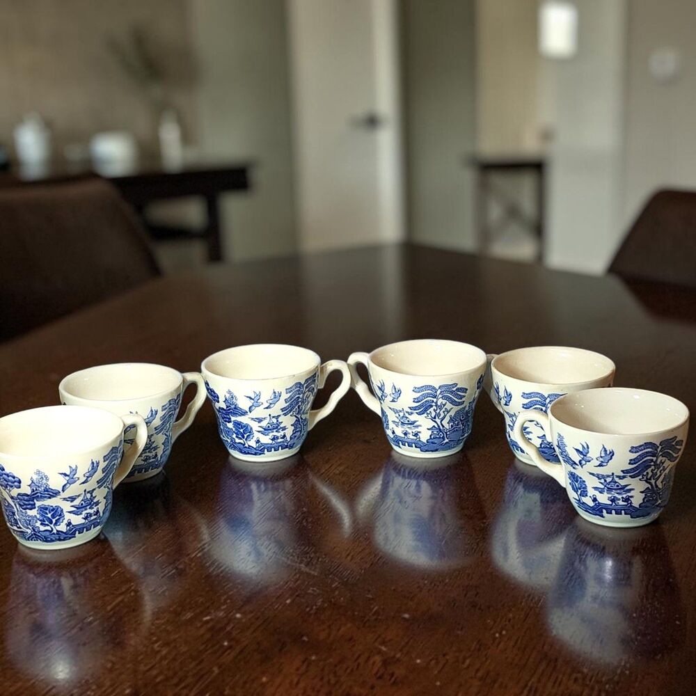 Vintage Old English Staffordshire England Blue White Cups Set of 6 Transferware